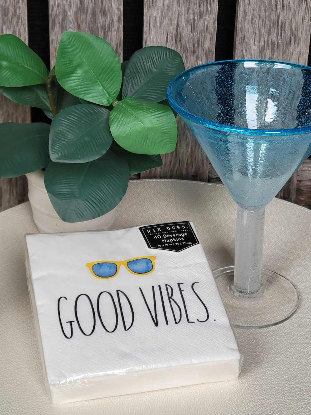 Blue Rim Glass Martini Glass & Rae Dunn Good Vibes Cocktail Napkins